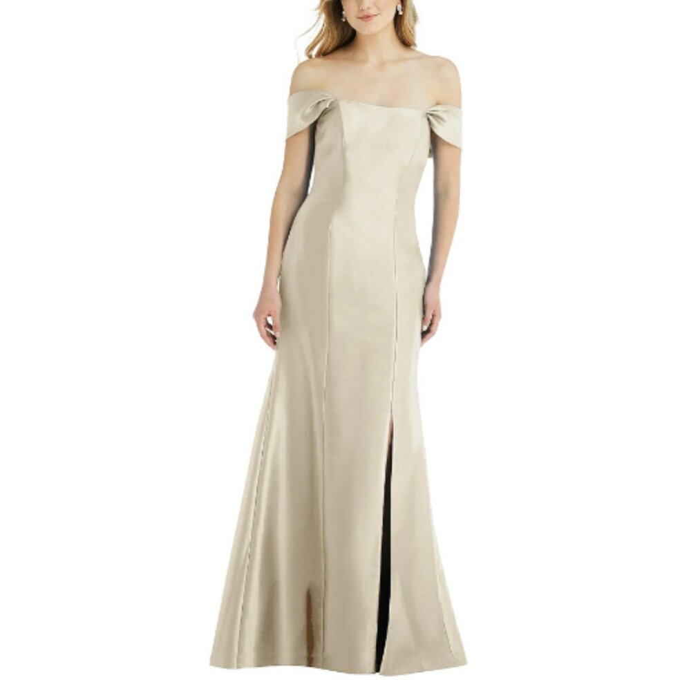 Alfred Sung Off-the-Shoulder Bow-Back Satin Trumpet Gown Champagne 16R